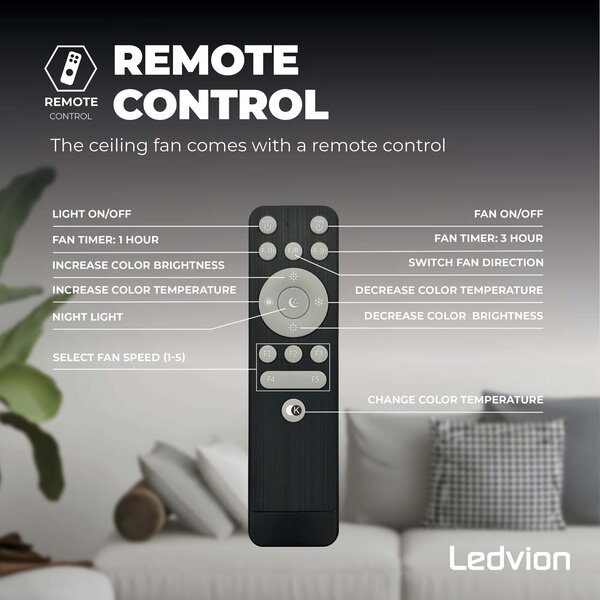 Ledvion Deckenventilator mit Licht - Dimmbar - 48W - 2700K-6500K - Inkl. Fernbedienung