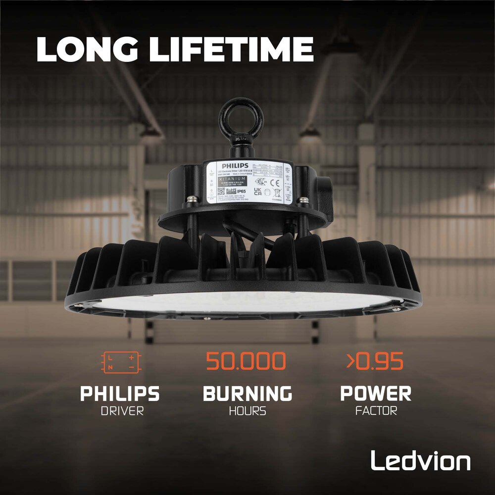 Ledvion LED Hallenstrahler 200W - Philips Driver - Netzschalter - 120° - 175lm/W - 3000K - IP65 - Dimmbar - 5 Jahre Garantie