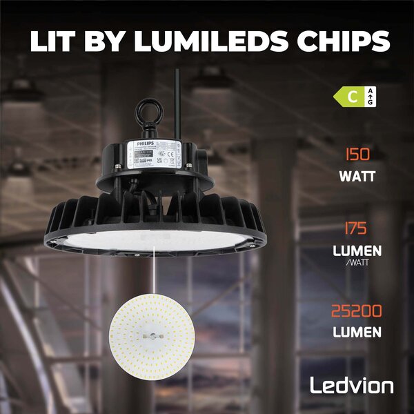 Ledvion LED Hallenstrahler 150W - Philips Driver - Netzschalter - 120° - 175lm/W - 3000K - IP65 - Dimmbar - 5 Jahre Garantie