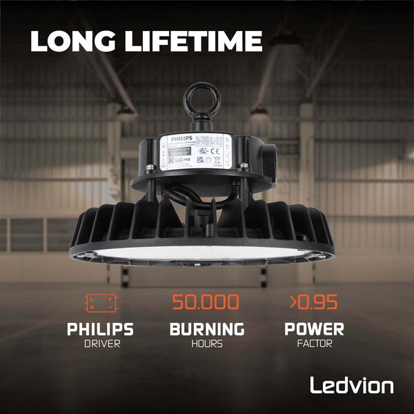 Ledvion LED Hallenstrahler 150W - Philips Driver - Netzschalter - 120° - 175lm/W - 3000K - IP65 - Dimmbar - 5 Jahre Garantie