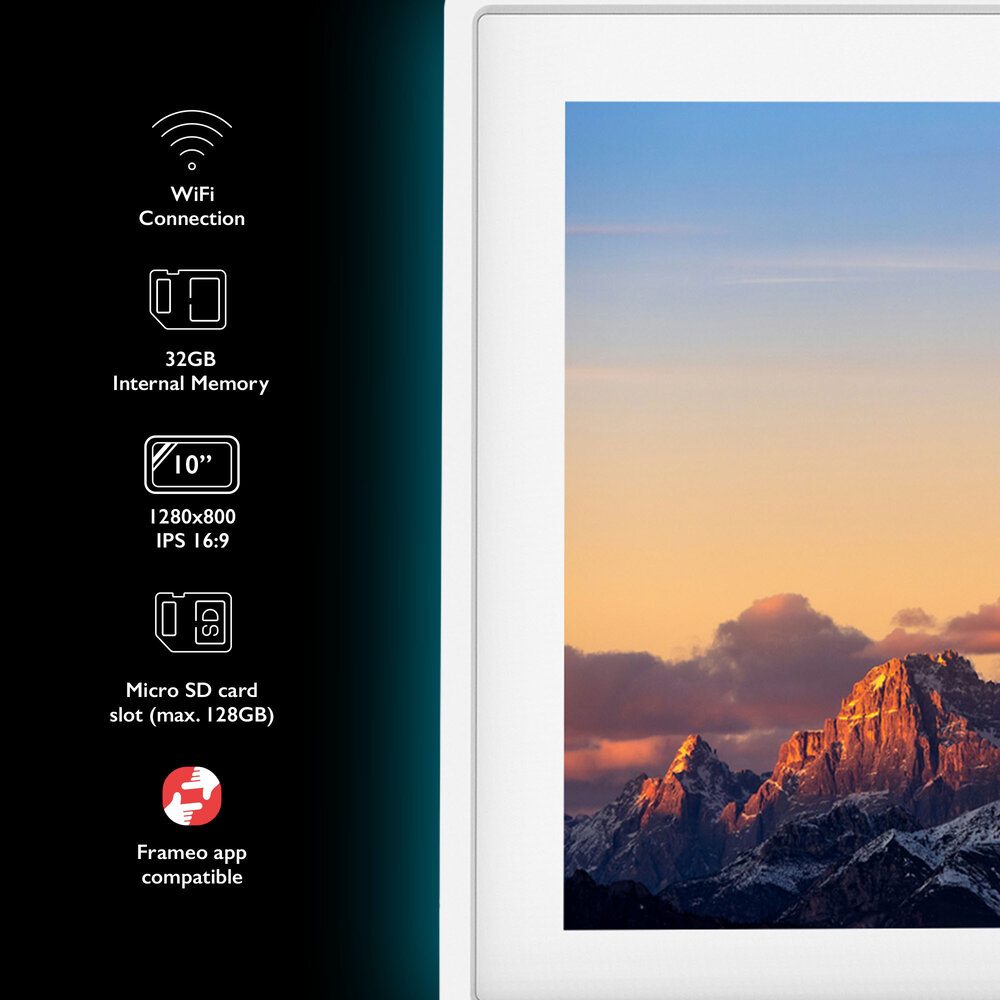 Tiqvi Digitaler Bilderrahmen - WLAN und Frameo App - Bilderrahmen 10 Zoll - Touchscreen - Weiß