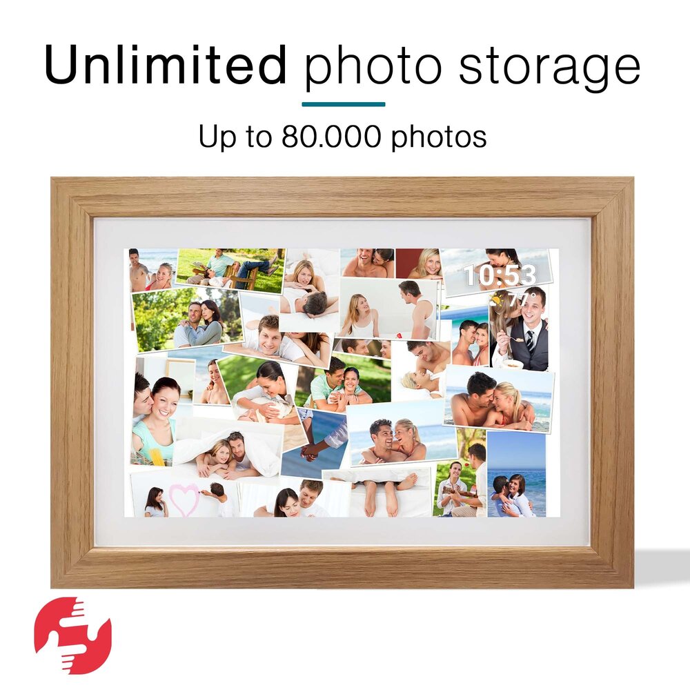 Tiqvi Digitaler Bilderrahmen - WLAN und Frameo App - Bilderrahmen 10 Zoll - Touchscreen - Holz