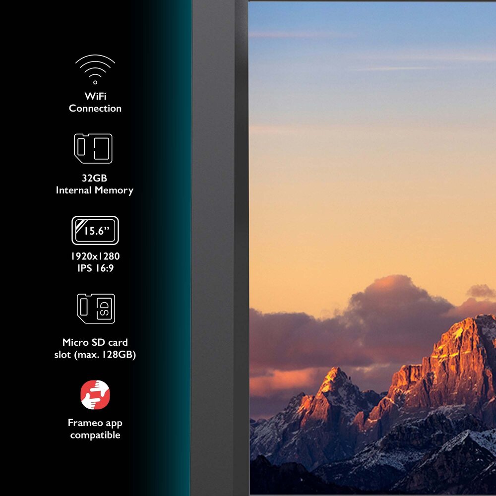 Tiqvi Digitaler Bilderrahmen - WLAN und Frameo App - Bilderrahmen 15.6 Zoll - Touchscreen - Schwarz