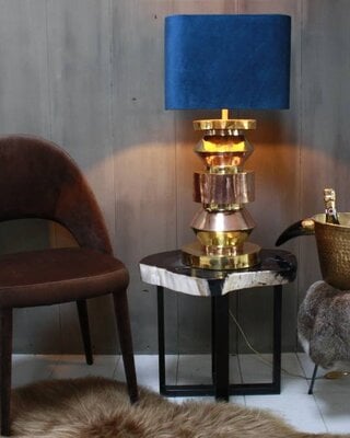 Rene Houtman Blauwe schemerlamp Rich met velvet lampenkap en koperen voet
