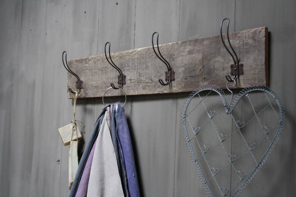 Rene Houtman Brocante oud eikenhouten kapstok met 4 haken 96 cm