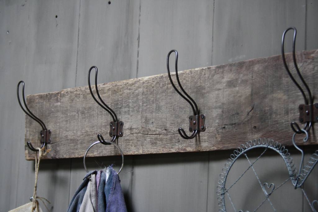 Rene Houtman Brocante oud eikenhouten kapstok met 4 haken 96 cm