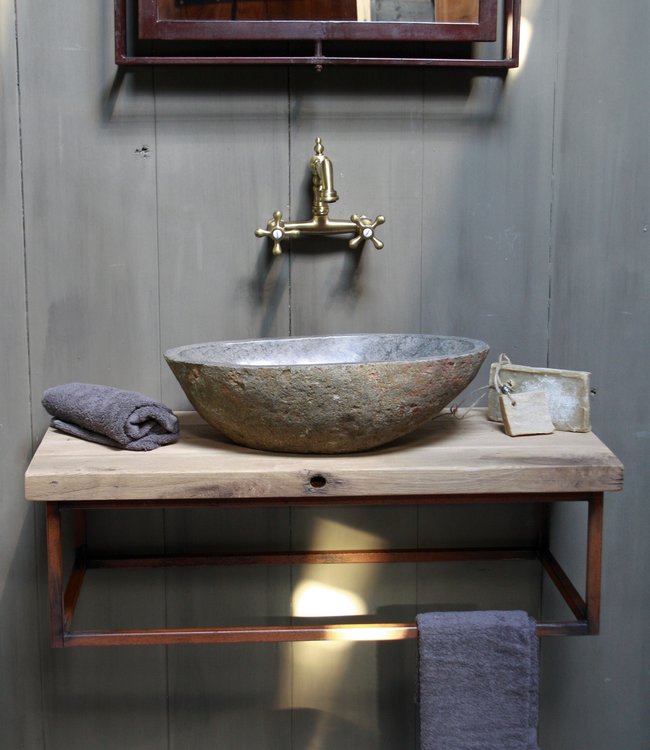 Rene Houtman Zwevend badkamermeubel oud eikenhout 90 cm met rivierstenen waskom