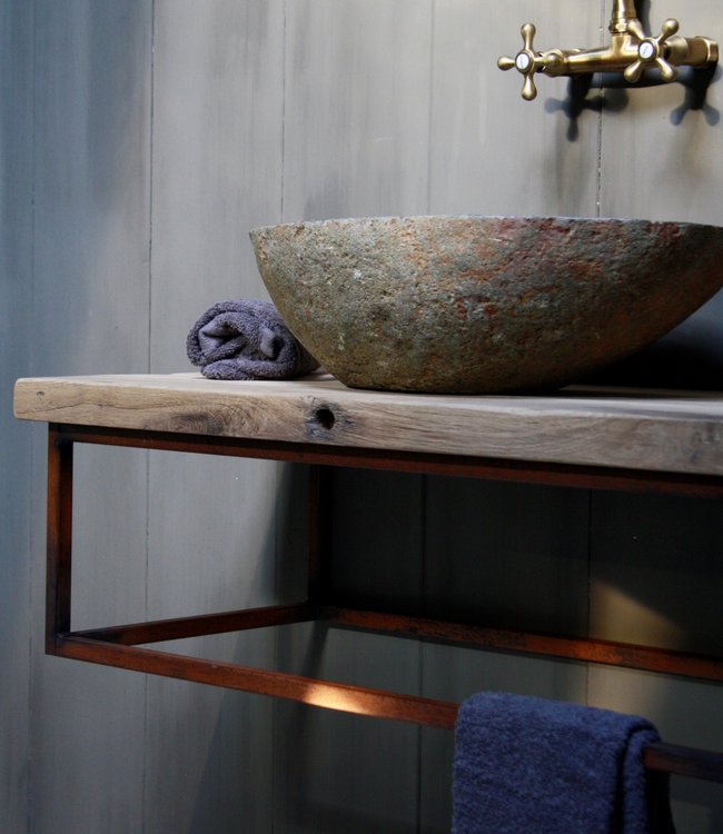 Rene Houtman Zwevend badkamermeubel oud eikenhout 90 cm met rivierstenen waskom