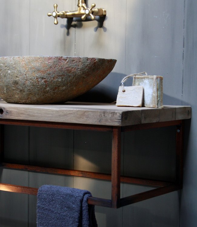 Rene Houtman Zwevend badkamermeubel oud eikenhout 90 cm met rivierstenen waskom