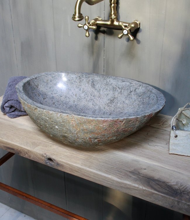 Rene Houtman Zwevend badkamermeubel oud eikenhout 90 cm met rivierstenen waskom
