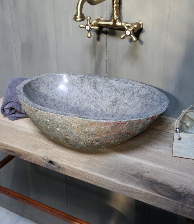 Rene Houtman Zwevend badkamermeubel oud eikenhout 90 cm met rivierstenen waskom
