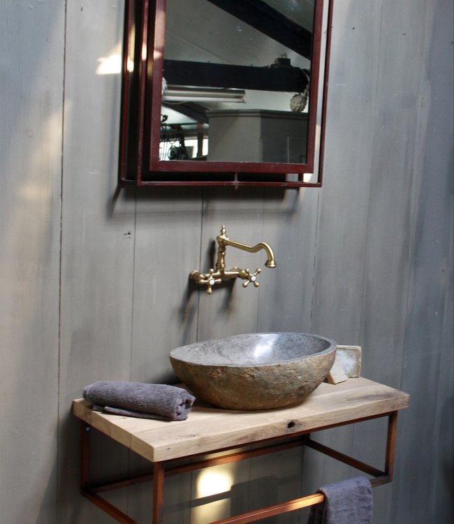 Rene Houtman Zwevend badkamermeubel oud eikenhout 90 cm met rivierstenen waskom