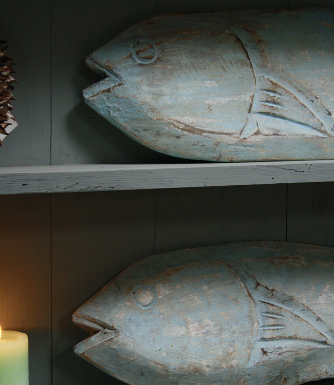 Rene Houtman Houten decoratie vis blauw/groen verweerd 71 cm