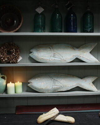 Rene Houtman Set houten decoratie vissen blauw/groen verweerd