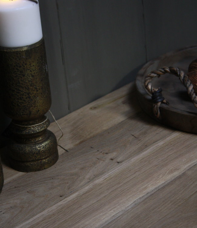 Rene Houtman Eikenhouten salontafel met oud ijzeren onderstel 90 cm