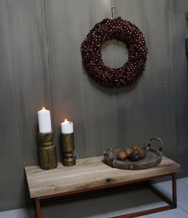 Rene Houtman Eikenhouten salontafel met oud ijzeren onderstel 90 cm