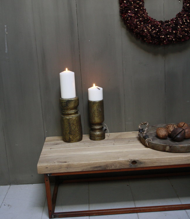 Rene Houtman Eikenhouten salontafel met oud ijzeren onderstel 90 cm