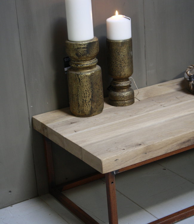 Rene Houtman Eikenhouten salontafel met oud ijzeren onderstel 90 cm