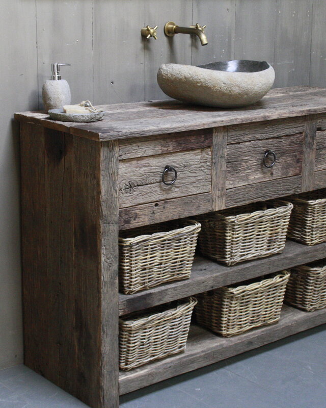 Rene Houtman Oud Eikenhouten Badkamermeubel L140 x H90 cm met 3 lades en legplanken
