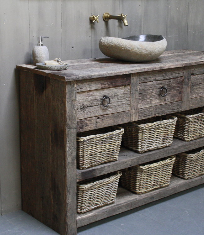 Rene Houtman Oud Eikenhouten Badkamermeubel L140 x H90 cm met 3 lades en legplanken