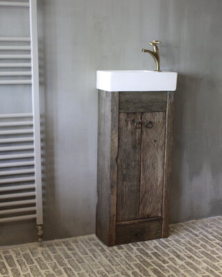 Rene Houtman Landelijk Oud Eikenhouten Geborsteld Toiletmeubel + Fontein Wit