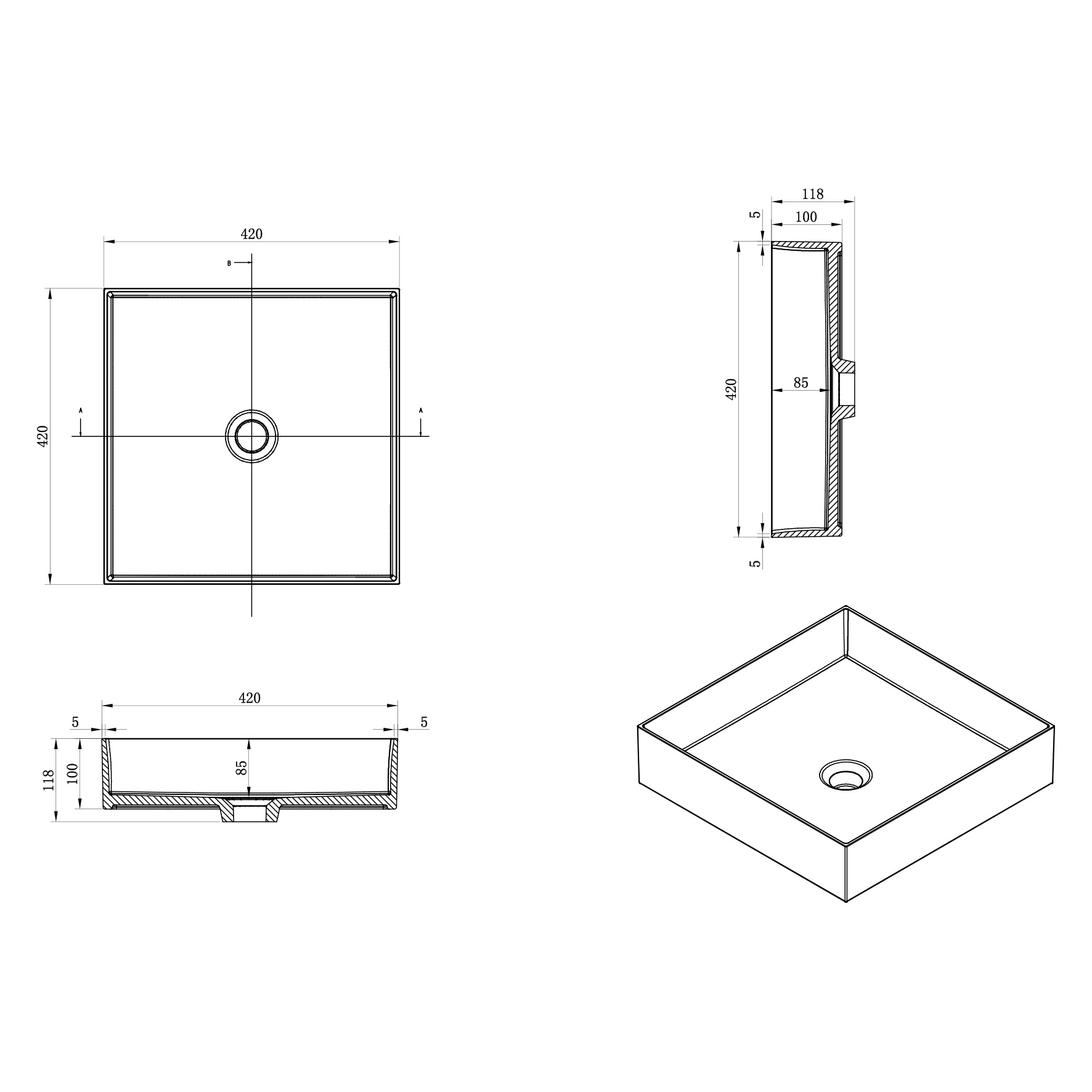 Differnz Waskom Polybeton 42x42x10 cm Vierkant
