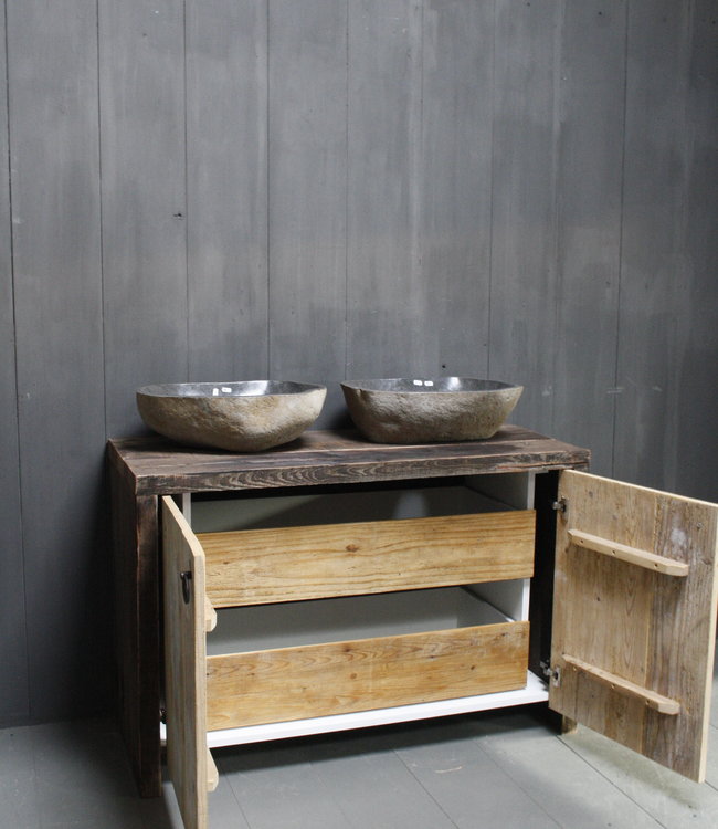 Rene Houtman Badkamermeubel Kelsey 120 cm - Lades en deurtjes - Oude wagondelen & kaasplanken