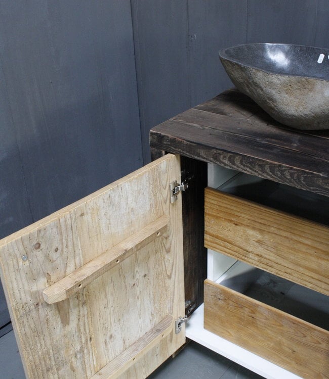 Rene Houtman Badkamermeubel Kelsey 120 cm - Lades en deurtjes - Oude wagondelen & kaasplanken