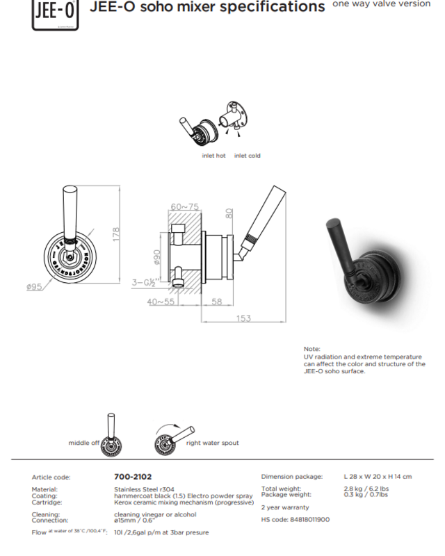 JEE-O SOHO Wand Mengkraan | Met Progressieve Cartridge | Eenweg Omsteller