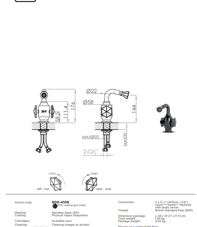 JEE-O Bloom Opbouw Bidetkraan met Tweegreep-mengkraan | Gun Metal