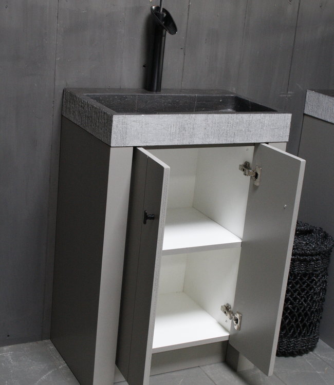 Rene Houtman Landelijk badkamermeubel grijs met granieten spoelbak en deurtjes