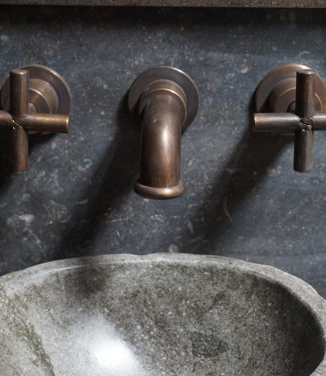 Rene Houtman Wastafelmengkraan Fran 3-gats Nostalgisch Muurbevestigd Kruiskop Brons