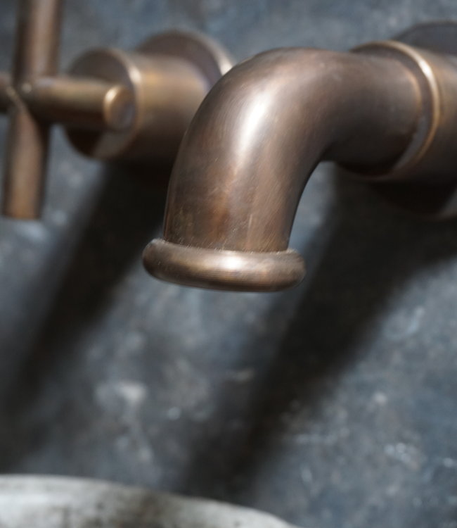 Rene Houtman Wastafelmengkraan Fran 3-gats Nostalgisch Muurbevestigd Kruiskop Brons