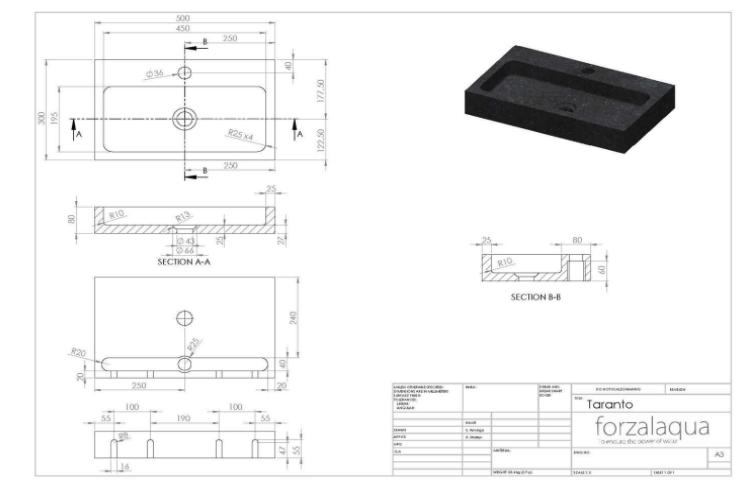 Forzalaqua Wastafel Taranto Graniet & Gezoet Gekapt 50x30x8 cm