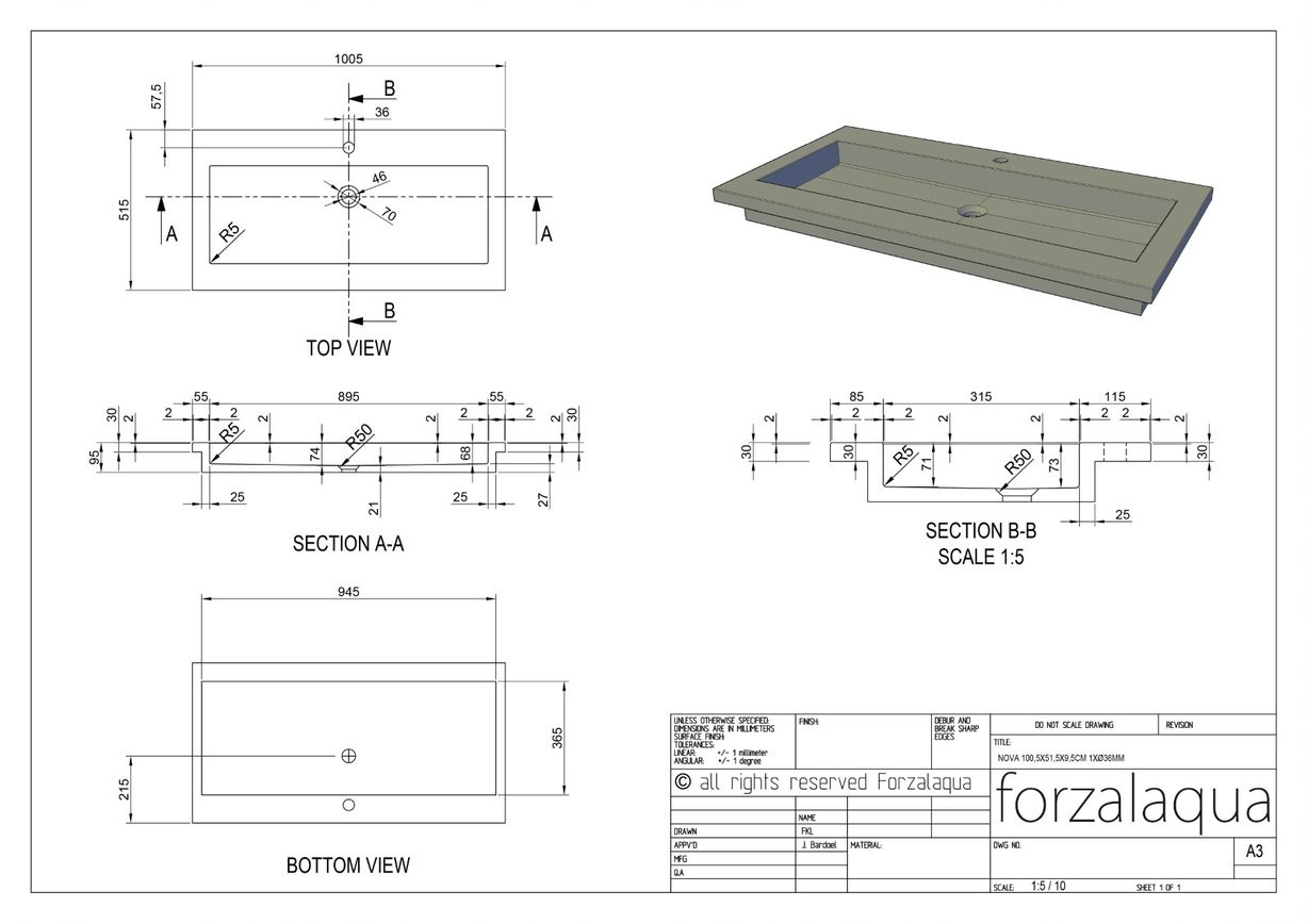 Forzalaqua Nova Wastafel Carrara Gepolijst - 100,5x51,5x9,5 cm
