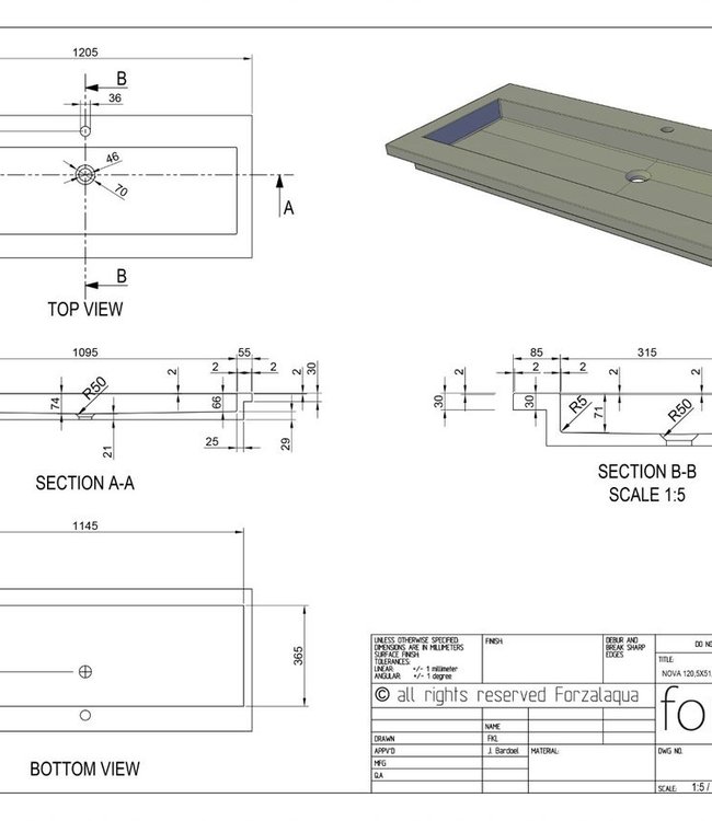 Forzalaqua Nova Wastafel Carrara Gepolijst - 120,5x51,5x9,5 cm
