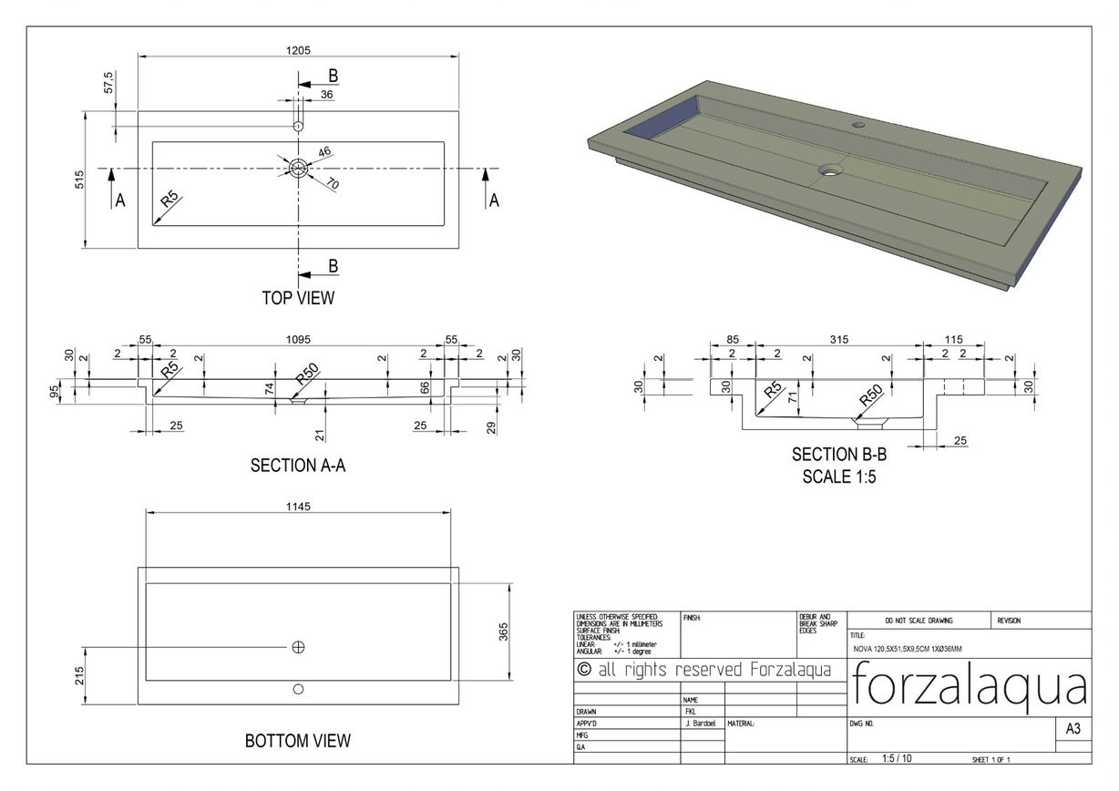 Forzalaqua Nova Wastafel Carrara Gepolijst - 120,5x51,5x9,5 cm