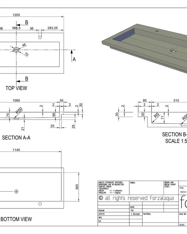 Forzalaqua Nova Wastafel Carrara Gepolijst - 120,5x51,5x9,5 cm