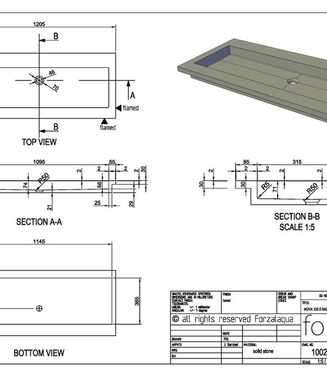 Forzalaqua Nova Wastafel Carrara Gepolijst - 120,5x51,5x9,5 cm
