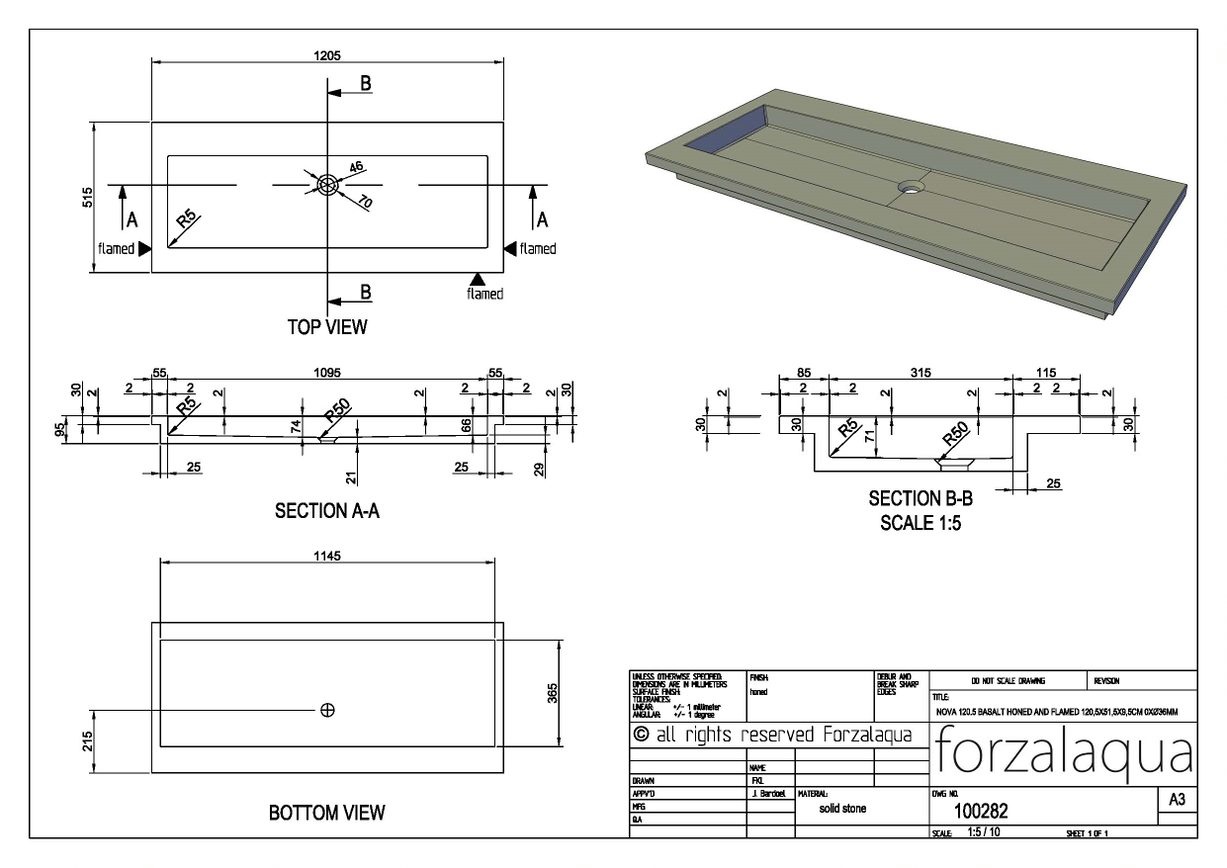 Forzalaqua Nova Wastafel Carrara Gepolijst - 120,5x51,5x9,5 cm