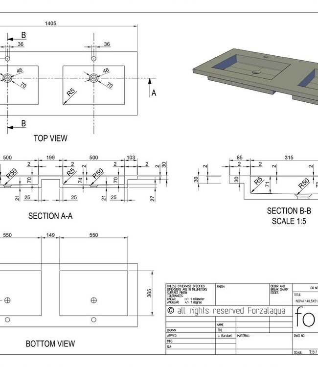 Forzalaqua Nova Doppio Wastafel - Carrara Gepolijst - 140,5x51,5x9,5 cm
