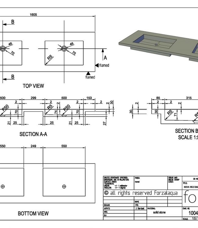 Forzalaqua Nova Doppio Wastafel - 160,5x51,5x9,5 cm