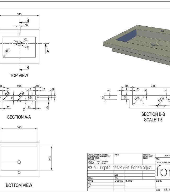 Forzalaqua Nova Wastafel Carrara Gepolijst & Gekapt - 60,5x51,5x9,5 cm