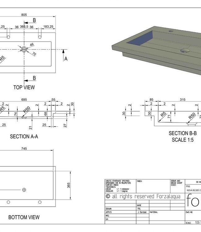 Forzalaqua Nova Wastafel Carrara Gepolijst & Gekapt - 80,5x51,5x9,5 cm