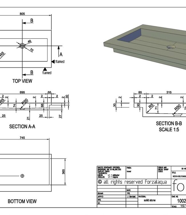 Forzalaqua Nova Wastafel Carrara Gepolijst & Gekapt - 80,5x51,5x9,5 cm