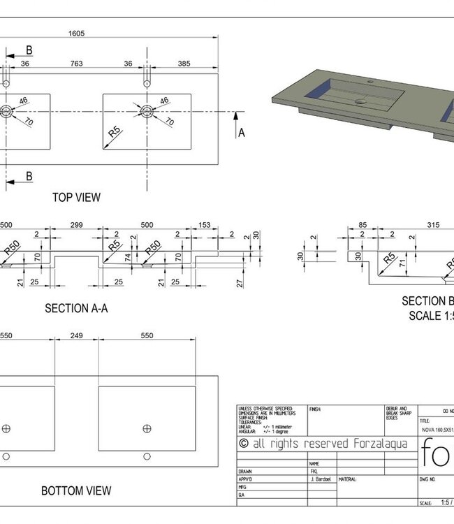 Forzalaqua Nova Doppio Wastafel - Carrara Gepolijst & Gekapt- 160,5x51,5x9,5 cm