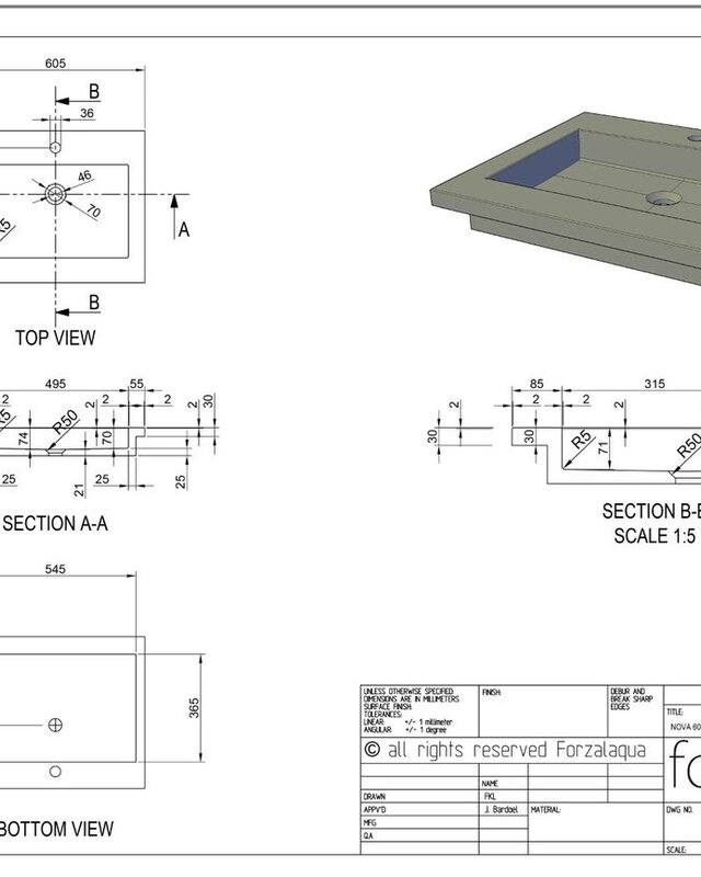Forzalaqua Nova Wastafel Graniet Gezoet - 60,5x51,5x9,5 cm