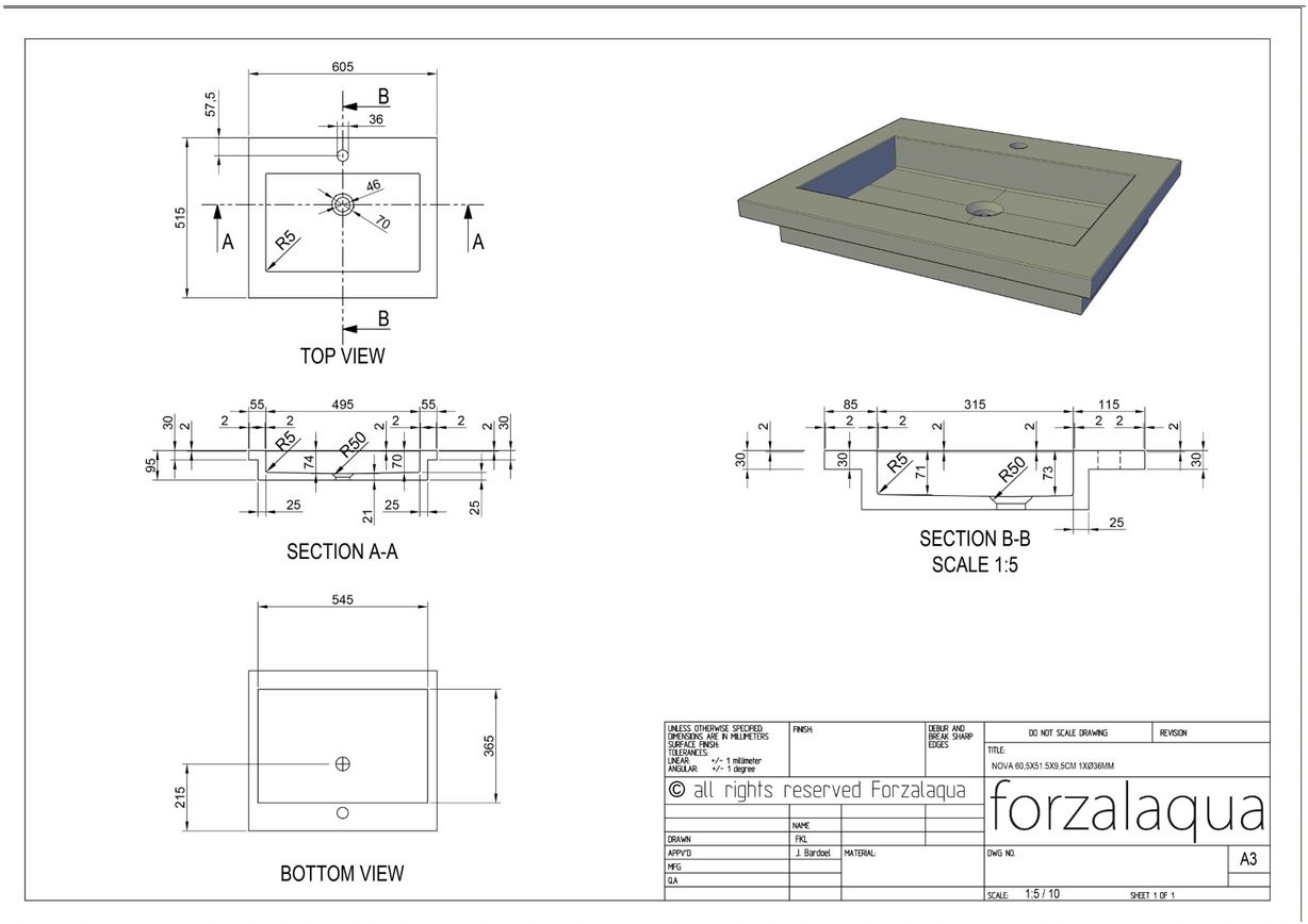 Forzalaqua Nova Wastafel Graniet Gezoet - 60,5x51,5x9,5 cm