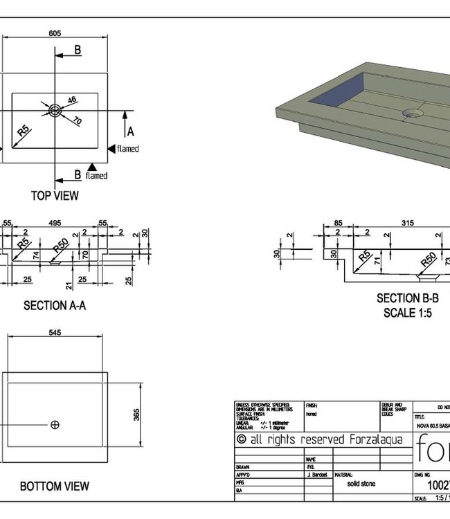 Forzalaqua Nova Wastafel Graniet Gezoet - 60,5x51,5x9,5 cm