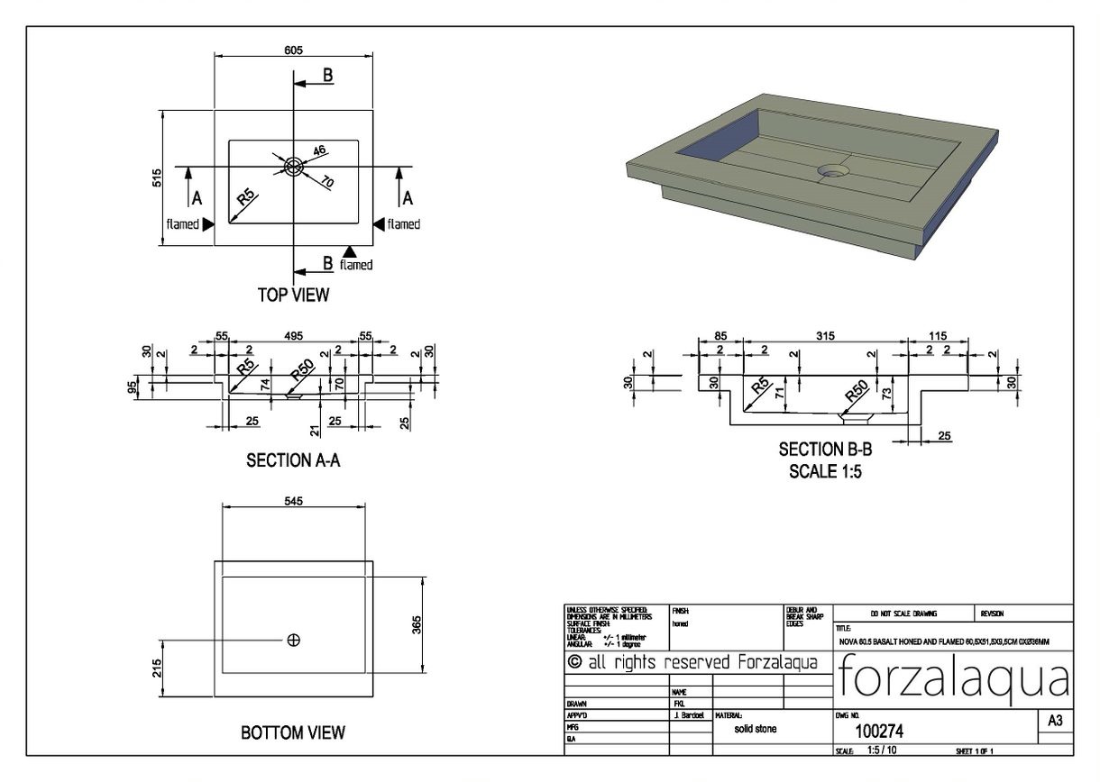 Forzalaqua Nova Wastafel Graniet Gezoet - 60,5x51,5x9,5 cm